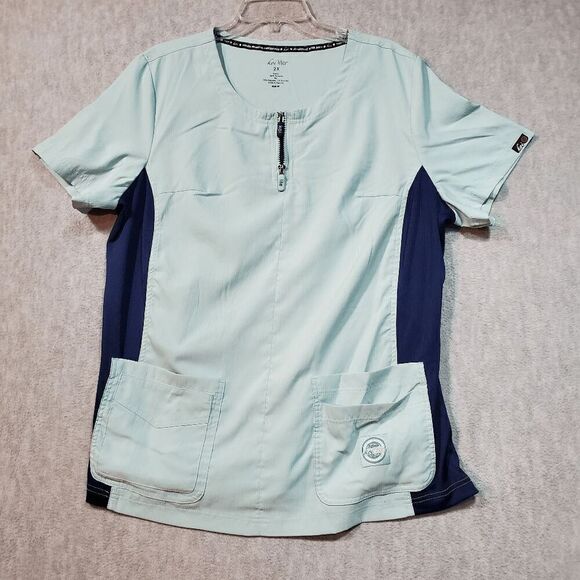 Kol Lite Top Womens 2X Green Scrub Serenity Slim Fit Logo Double Pockets 1/4 Zip - Picture 1 of 9